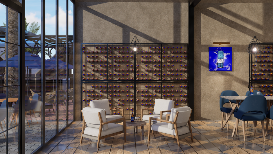 Stijlvolle wijnhoek met houten rek en accessoires.